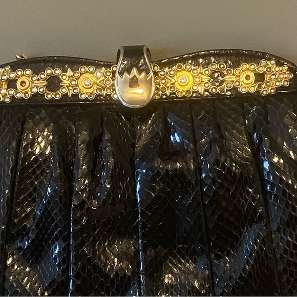 SHALS BLACK SNAKESKIN CLUTCH Crossbody Evening Handbag - Picture 2 of 6